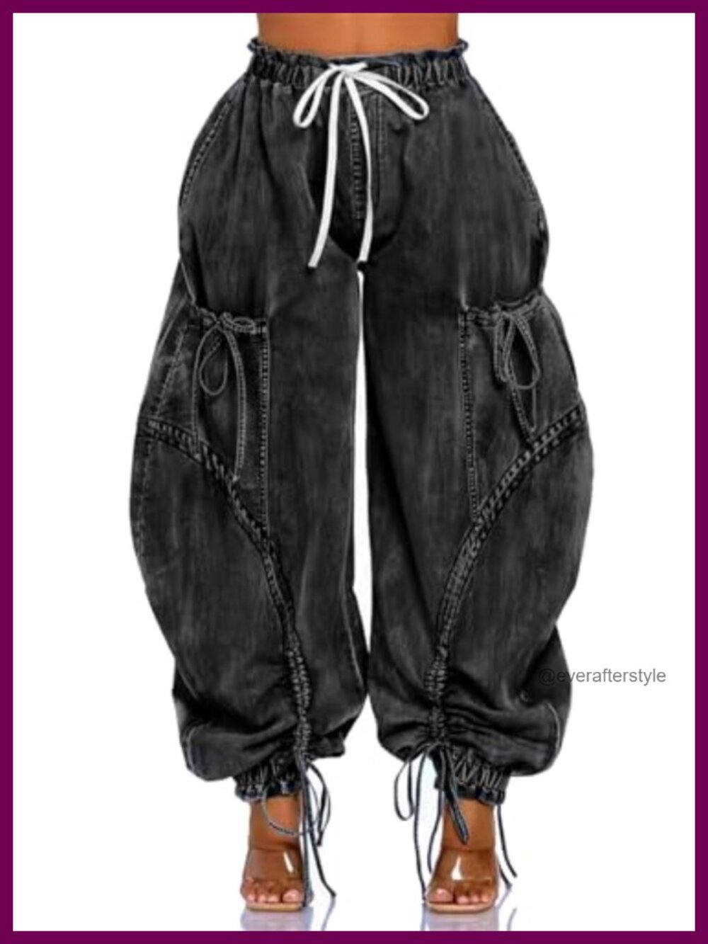 Women High Waisted Wide Leg Cargo Jeans Drawstring Denim Pants